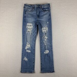 American Eagle Jeans Womens 6S 6 Short Blue Slim Straight Stretch Distress Denim